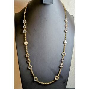 Vintage Signed Miriam Haskell Crystal Gold Tone Chain Long Necklace